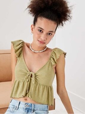 American Eagle V- neck Olive Green Ruffle Flowy Crop Top